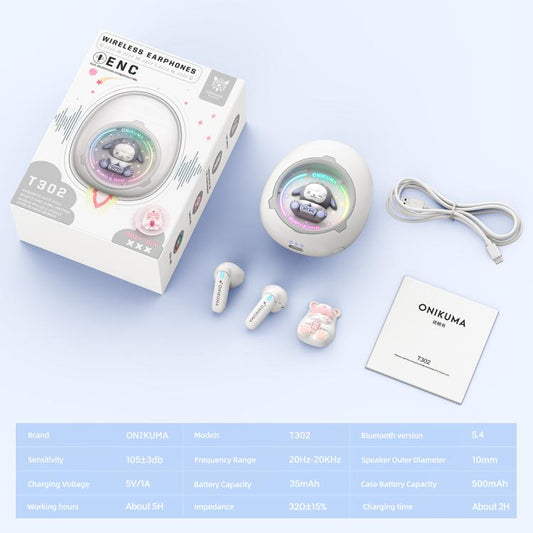 ONIKUMA T302 RGB Cute Unique Doll BT 5.4 Wireless Earphones(White) by ONIKUMA