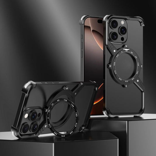 For iPhone 16 Pro Max S Shaped 360 Holder Airbag Frameless MagSafe Metal Phone Case(Black) by bashfashion