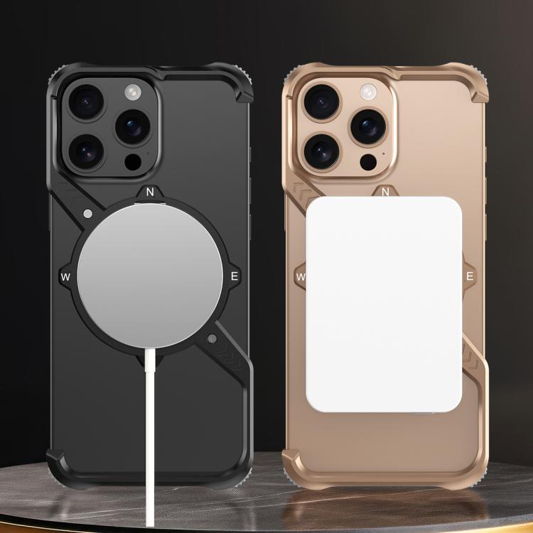 For iPhone 13 Pro S Shaped 360 Holder Airbag Frameless MagSafe Metal Phone Case(Desert Gold) by bashfashion