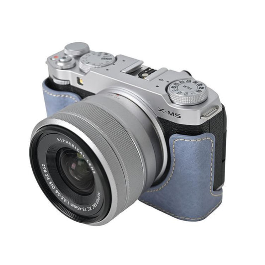 For FUJIFILM X-M5 Litchi Texture PU Leather Camera Half Case Base(Blue) by bashfashion