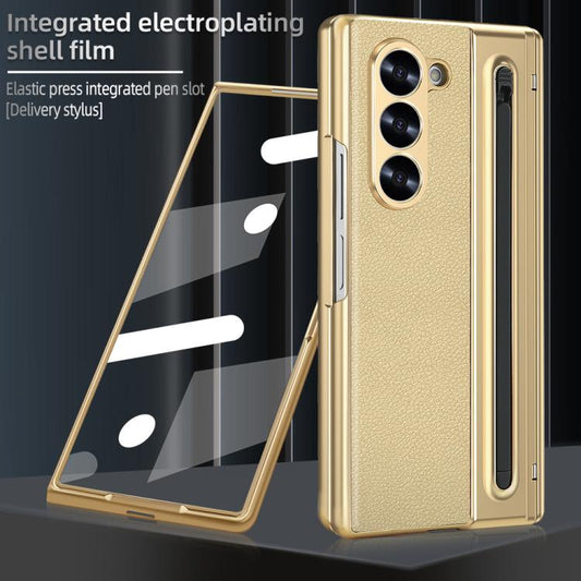 For Samsung Galaxy Z Fold6 5G VIETAO Electroplating Integrated Pen Slot Folding PU Phone Case with Stylus(Gold) by VIETAO