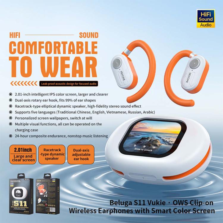 WK Beluga S11 Vukie OWS Clip-on Wireless Earphones with Smart Color Screen(White) by WK