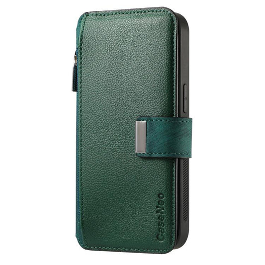 For iPhone 16 CaseNeo MagSafe RFID Anti-theft Zipper Wallet Retro Leather Phone Case(Green) by CaseNeo