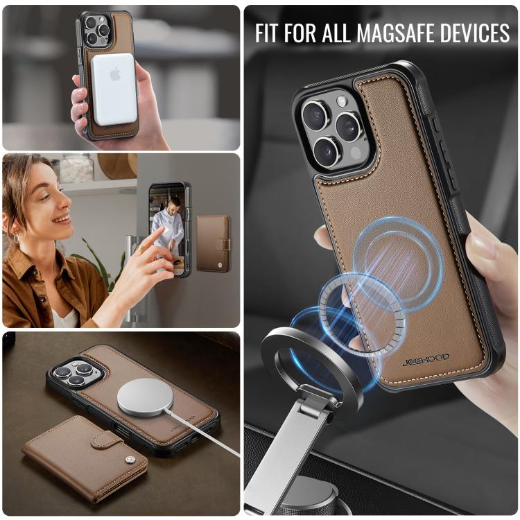For iPhone 16 Pro Max JEEHOOD J09 Buckle Card Bag MagSafe Magnetic Style RFID Leather Phone Case(Brown) by JEEHOOD