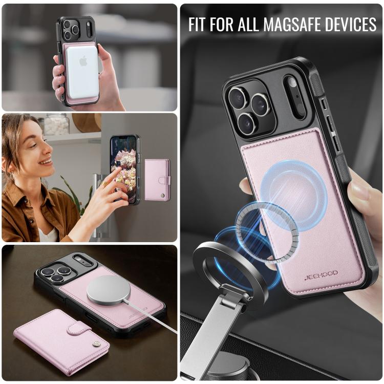 For iPhone 17 Pro JEEHOOD J09 Buckle Card Bag MagSafe Magnetic Style RFID Leather Phone Case(Pink) by JEEHOOD