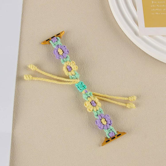 For Apple Watch 46mm / 49mm / 45mm / 44mm Hemp Rope Woven Flowers Drawstring Watch Band(Purple Yellow) by bashfashion
