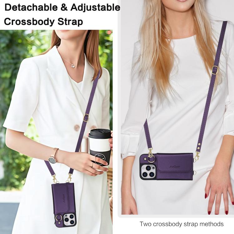 For iPhone 16 Pro AwQuer 2 in 1 Crossbody Wallet Leather Back Phone Case(Dark Purple) by Awquer