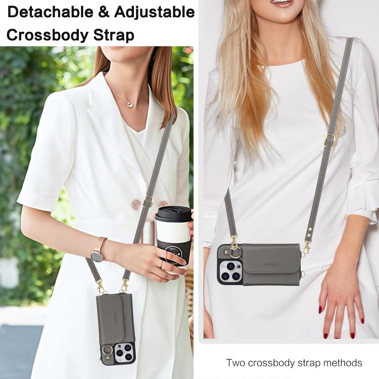 For iPhone 16 AwQuer 2 in 1 Crossbody Wallet Leather Back Phone Case(Grey) by Awquer