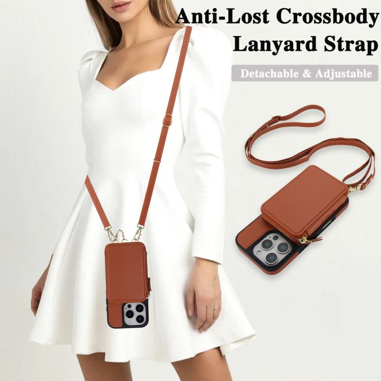 For iPhone 16 Pro AwQuer 2 in 1 Crossbody Wallet Leather Back Phone Case(Brown) by Awquer