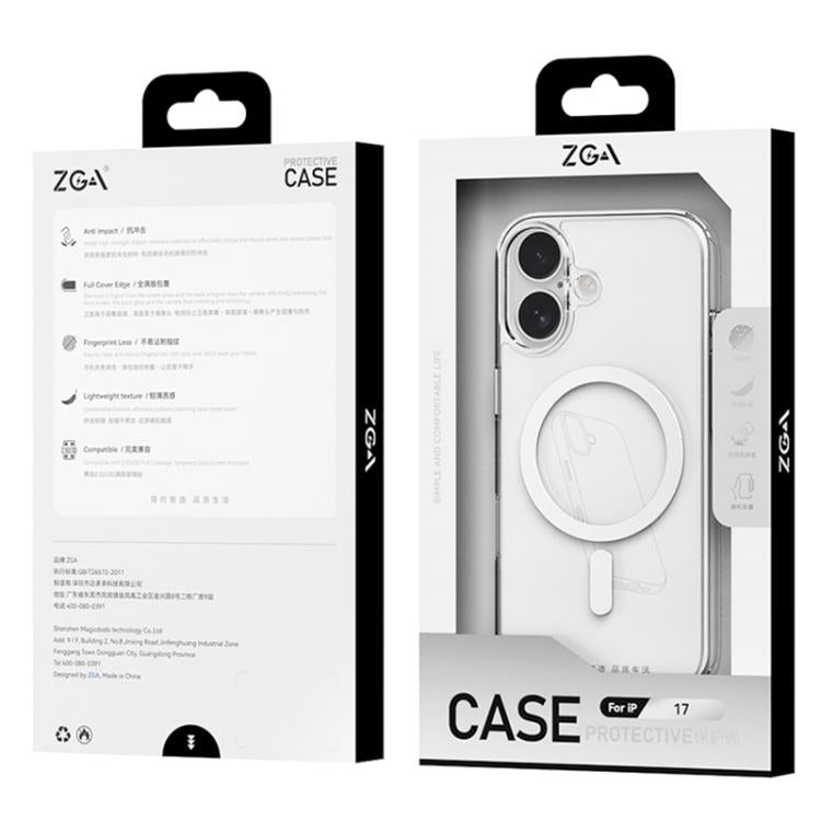For iPhone 17 ZGA Magsafe Metal Buttons Clear PC Hybrid TPU Phone Case(Transparent) by ZGA