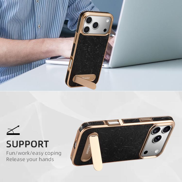 For iPhone 17 Pro Max Denior A25 Retro Flower Texture MagSafe Genuine Leather Phone Case with Holder(Black) by Denior