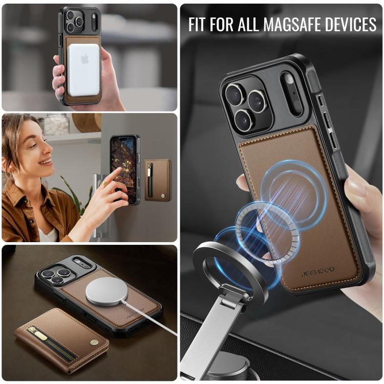 For iPhone 17 Pro Max JEEHOOD J12 Exquisite RFID MagSafe Zipper Card Bag Phone Case(Brown) by JEEHOOD