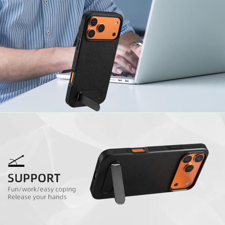 For iPhone 17 Pro Max Denior A25 Litchi Texture MagSafe Phone Case with Holder(Black) by Denior