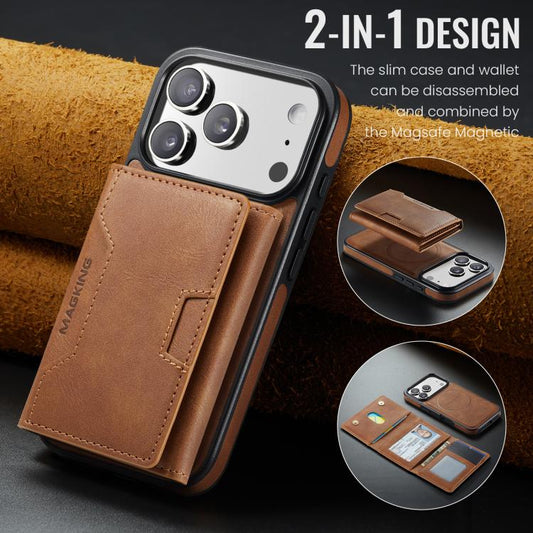 For iPhone 17 Pro MAGKING K4 Series MagSafe RFID Tri-fold Card Bag Detachable Phone Case(Brown) by MAGKING