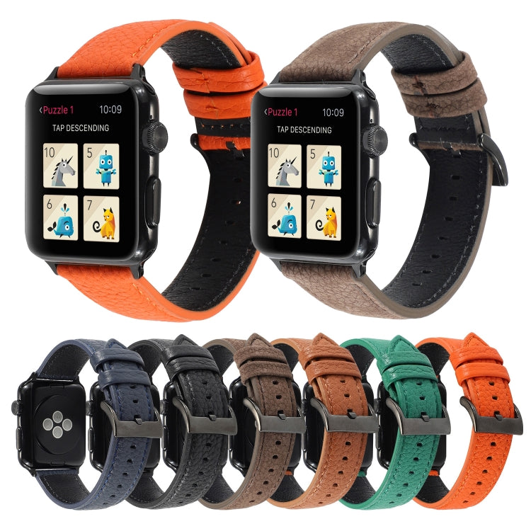 Litchi Texture Genuine Leather Watch Band For Apple Watch Series 7 41mm / 6 & SE & 5 & 4 40mm / 3 & 2 & 1 38mm(Navy Blue) by bashfashion