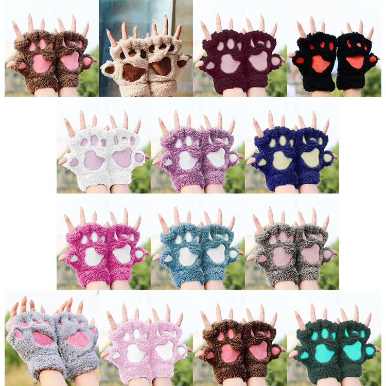Winter Lovely Cartoon Cat Claw Lady Gloves Thick Warm Fluffy Paws Half Finger Gloves(Coffee) by bashfashion