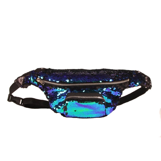 Sequins Waist Bag Double Color Makeup Bag Mermaid Purses Chest Pack Women Girl Travelling Mobile Phone Bag(Lake Blue) by bashfashion