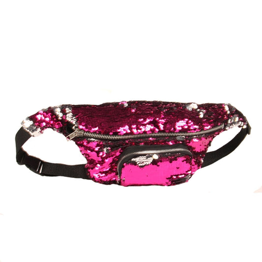 Sequins Waist Bag Double Color Makeup Bag Mermaid Purses Chest Pack Women Girl Travelling Mobile Phone Bag(Rose Red) by bashfashion