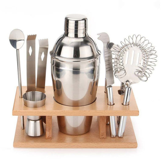 9 in 1 Stainless Steel Cocktail Shaker Tools Set with Wooden Mount, Capacity: 750ml by bashfashion