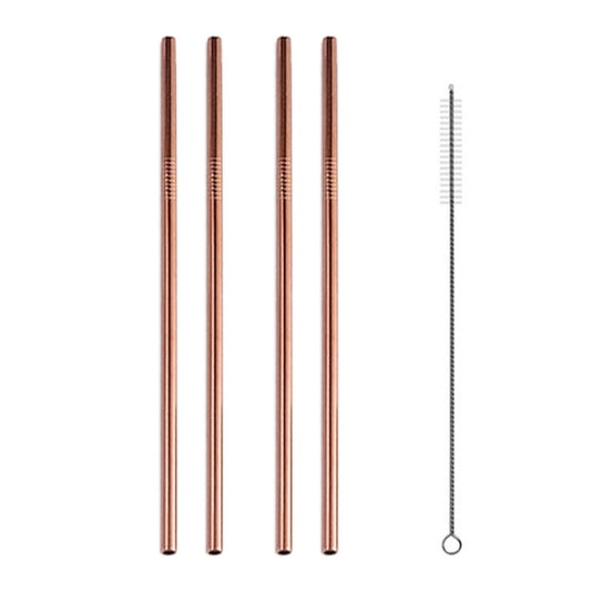 5pcs Reusable Stainless Steel Straight Drinking Straw + Cleaner Brush Set Kit, 266*6mm(Rose Gold) by bashfashion