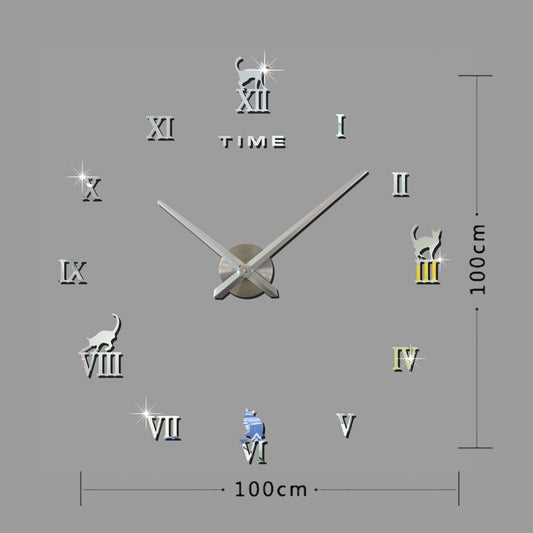 Home Office Decor Frameless Cat Shape Large Size DIY 3D Mirror Surface Wall Stickers Mute Clock, Size: 100*100cm(Silver) by bashfashion