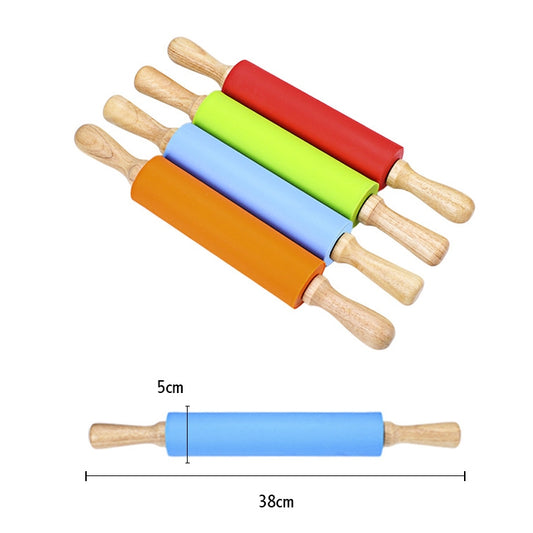 kn055 Solid Wooden Handle Silicone Rolling Pin Non-stick Food Dumpling Stick, Length: 38cm, Random Color Delivery by bashfashion