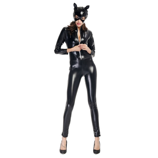 Halloween Costume Patent Leather Cat Girl Neutral Sexy Motorcycle Clothing Stage Performance Cosplay Clothing, Size:M, Bust: 80-85cm, Waistline:66-72cm, Clothes Long:138cm by bashfashion