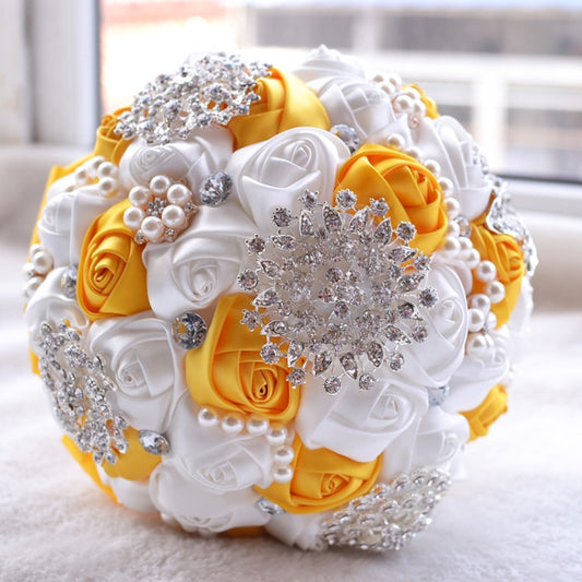 Wedding Holding Pearl Diamond Flowers Bridal Bouquet Accessories Bridesmaid Rhinestone Party Wedding Decoration Supplies, Diameter: 20cm(Yellow) by bashfashion