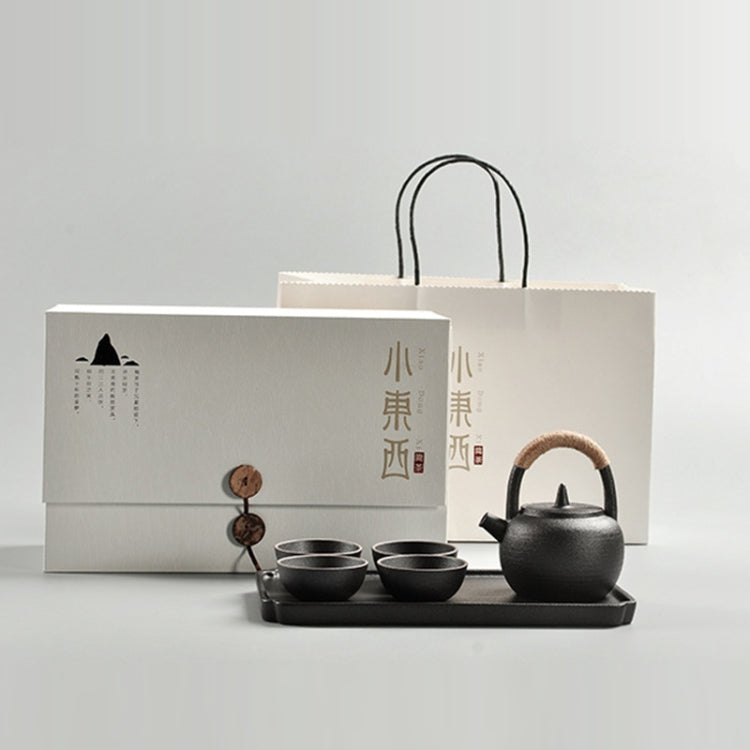 Portable Travel Ceramics Loop Handle Pot Teapot Teacup Set with Tea Tray(Black) by bashfashion
