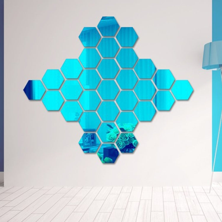 12 PCS 3D Hexagonal Mirror Wall Stickers Set, Size: 8*8cm(Blue) by bashfashion