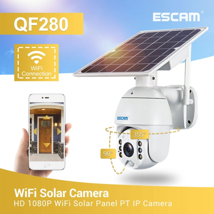 ESCAM QF280 HD 1080P IP66 Waterproof WiFi Solar Panel PT IP Camera with Battery, Support Night Vision / Motion Detection / TF Card / Two Way Audio (White) by ESCAM
