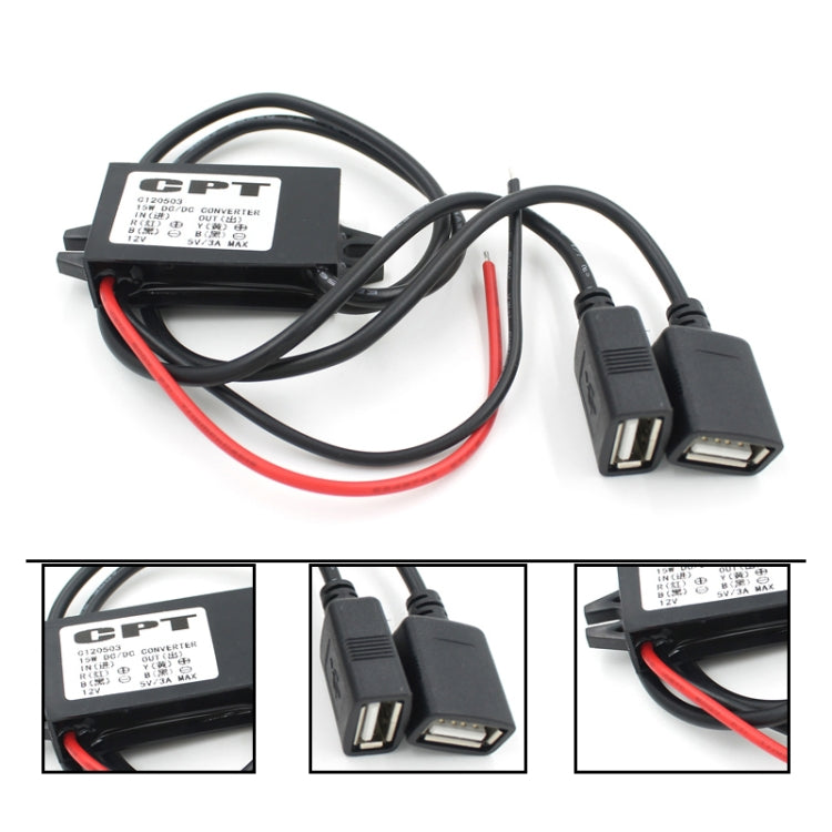 Car Motorcycle Dual USB Car Charger DC 12V To 5V 3A Power Adapter with for Car GPS Tracker DVR, Length: 1m by bashfashion