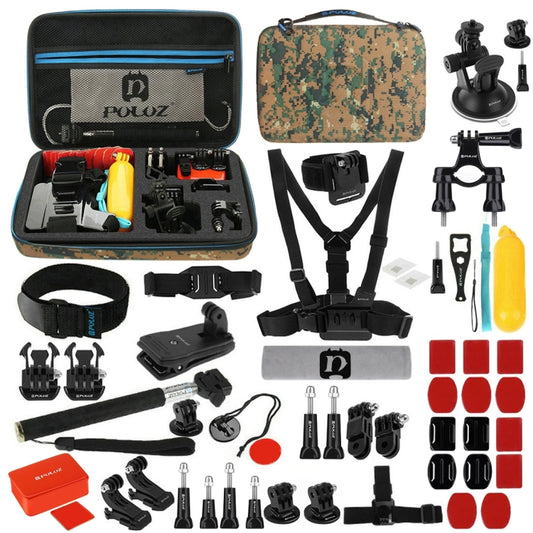 PULUZ 53 in 1 Accessories Total Ultimate Combo Kits with Camouflage EVA Case (Chest Strap + Suction Cup Mount + 3-Way Pivot Arms + J-Hook Buckle + Wrist Strap + Helmet Strap + Extendable Monopod + Sur ... for GoPro, Insta360, DJI and Other Action Cameras by PULUZ