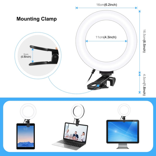 PULUZ 6.2 inch 16cm Ring Selfie Light 3 Modes USB Dimmable Dual Color Temperature LED Curved Vlogging Photography Video Lights with Monitor Clip Holder(Black) by PULUZ