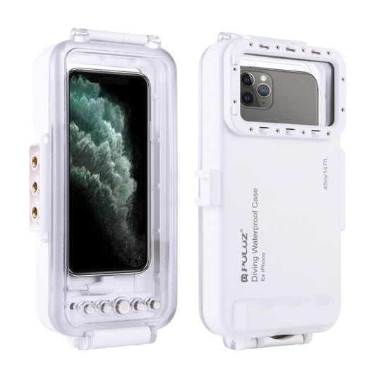 PULUZ 45m/147ft Waterproof Diving Case Photo Video Taking Underwater Housing Cover for iPhone 14 Series, iPhone 13 Series, iPhone 12 Series, iPhone 11 Series, iPhone X Series, iPhone 8 & 7, iPhone 6s, iOS 13.0 or Above Version iPhone(White) by PULUZ