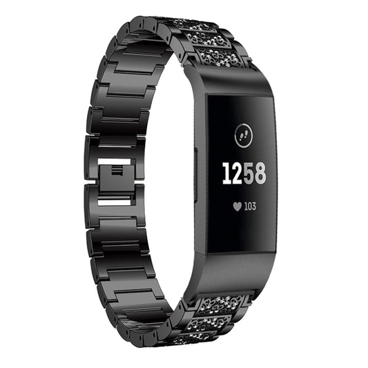 Diamond-studded Solid Stainless Steel Watch Band for Fitbit Charge 3(Black) by bashfashion