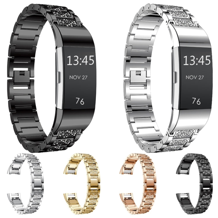 Diamond-studded Solid Stainless Steel Watch Band for Fitbit Charge 2(Black) by bashfashion