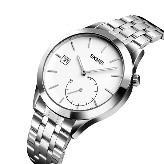 SKMEI 1581 Creative Fashion Men Watch Simple Casual Outdoor Sports Waterproof Two-Pin Quartz Watch(Silver Steel Belt) by SKMEI