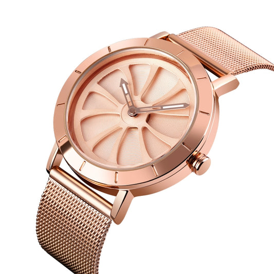 SKMEI 9204 Fashion Skeleton Rotating Dial Waterproof Business Mesh Belt Quartz Watch Men Watch(Rose Gold) by SKMEI