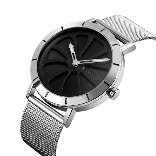 SKMEI 9204 Fashion Skeleton Rotating Dial Waterproof Business Mesh Belt Quartz Watch Men Watch(Silver Black) by SKMEI