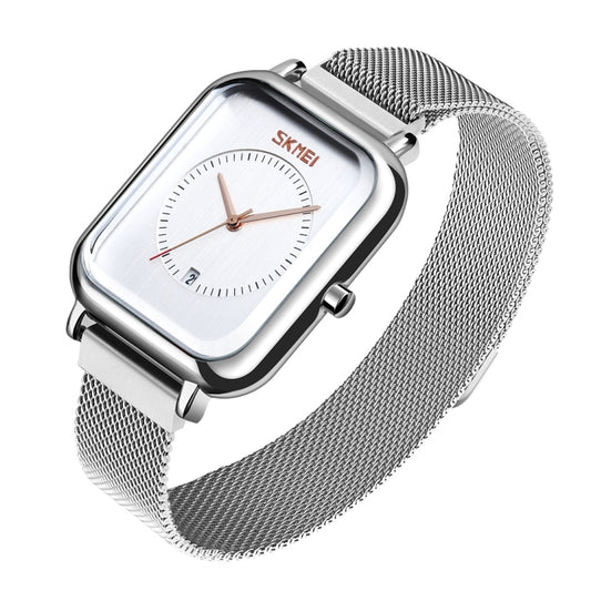 SKMEI 9207 Fashion Creative Simple Watch Men Magnetic Buckle Mesh Belt Steel Belt Couple Quartz Watch(Silver White) by SKMEI