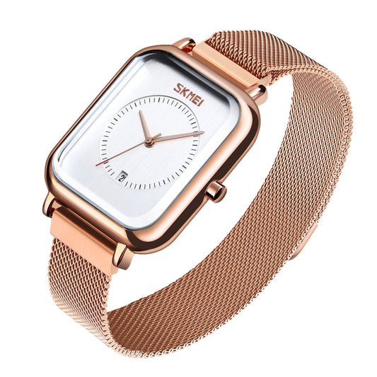 SKMEI 9207 Fashion Creative Simple Watch Men Magnetic Buckle Mesh Belt Steel Belt Couple Quartz Watch(Rose Gold White) by SKMEI