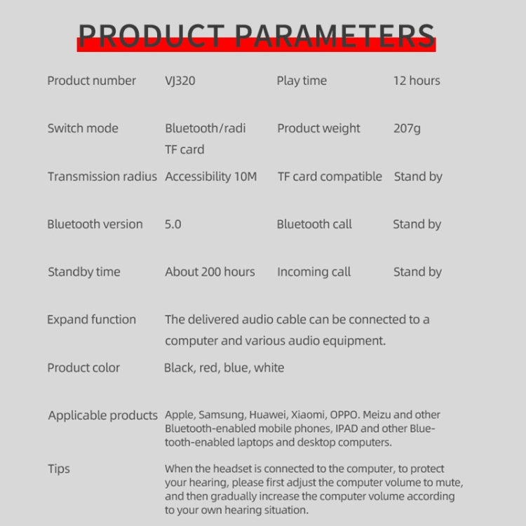 VJ320 Bluetooth 5.0 Head-mounted Foldable Wireless Headphones Support TF Card with Mic(Blue) by bashfashion