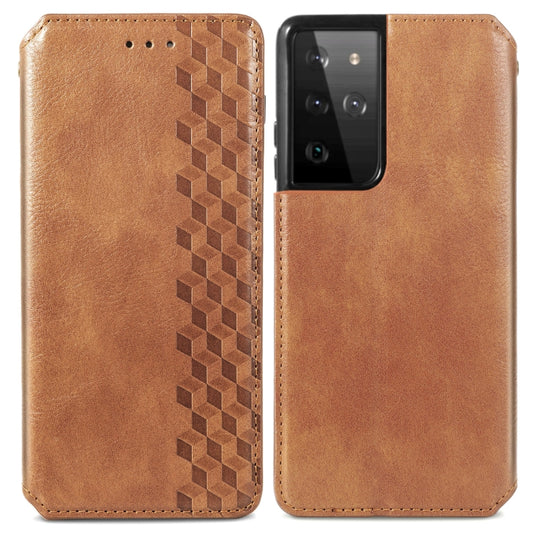 For Samsung Galaxy S21 Ultra 5G Cubic Grid Pressed Horizontal Flip Magnetic PU Leather Case with Holder & Card Slots & Wallet(Brown) by bashfashion