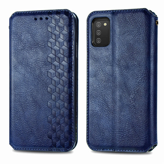 For Samsung Galaxy A02s(US Edition) Cubic Grid Pressed Horizontal Flip Magnetic PU Leather Case with Holder & Card Slots & Wallet(Blue) by bashfashion