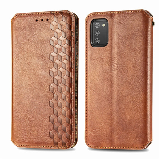 For Samsung Galaxy A02s(US Edition) Cubic Grid Pressed Horizontal Flip Magnetic PU Leather Case with Holder & Card Slots & Wallet(Brown) by bashfashion