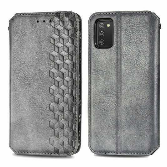 For Samsung Galaxy A02s(US Edition) Cubic Grid Pressed Horizontal Flip Magnetic PU Leather Case with Holder & Card Slots & Wallet(Gray) by bashfashion