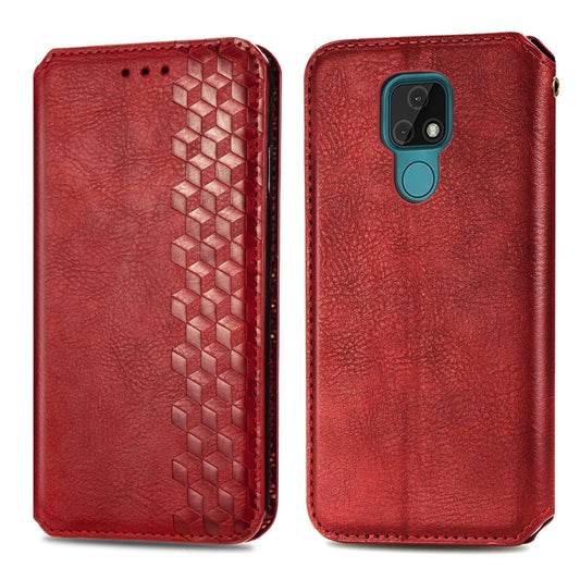 For Motorola MOTO E7 Cubic Grid Pressed Horizontal Flip Magnetic PU Leather Case with Holder & Card Slots & Wallet(Red) by bashfashion