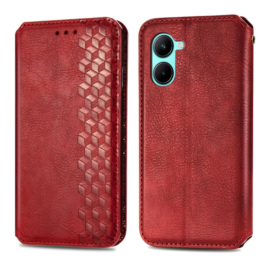 For Realme C33 Cubic Grid Pressed Magnetic Leather Phone Case(Red) by bashfashion
