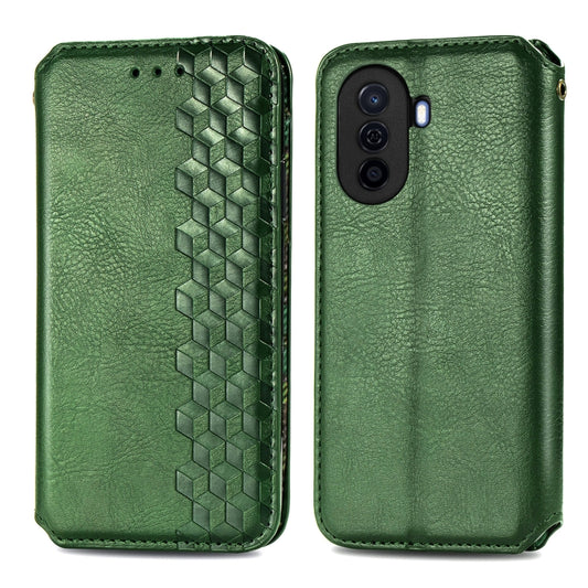 For Huawei Nova Y70 Cubic Grid Pressed Magnetic Leather Phone Case(Green) by bashfashion